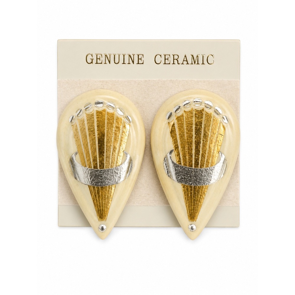 Vintage 80s Art Deco Revival Ceramic Clip On Earrings‎ Gold Silver Statement - Picture 2 of 7